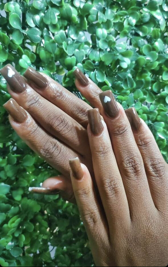 Acrylic nails — brown coffin set with heart accent
