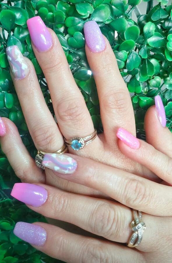 Acrylic nails — pink and lilac unicorn nail art