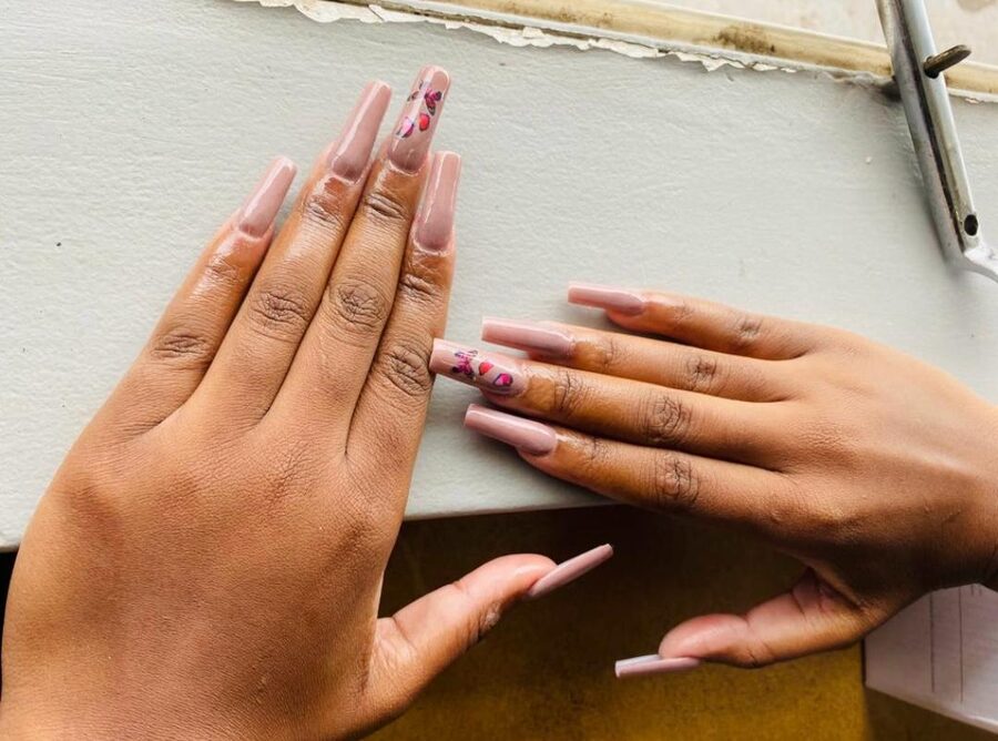 Acrylic nails — nude long coffin set with heart art
