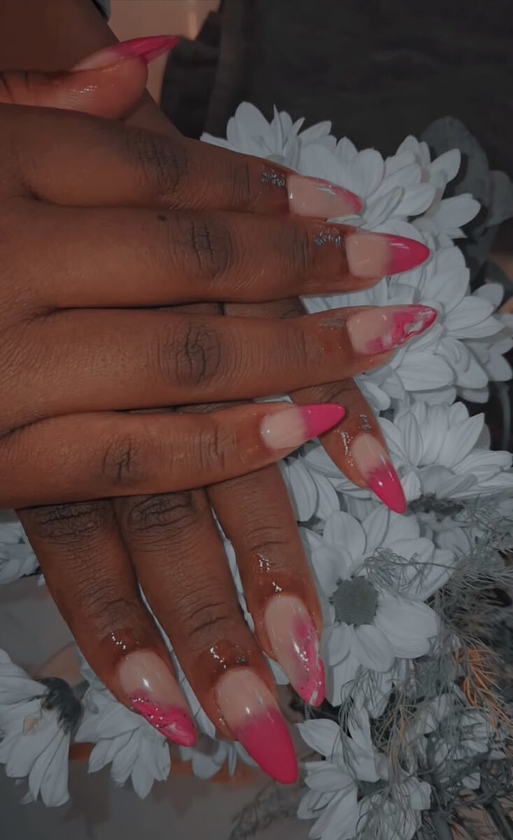Gel X nails — pink French tip stiletto shape