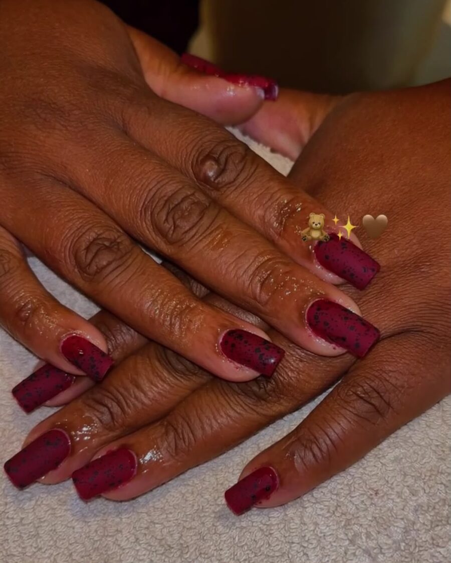 Gel X nails — maroon speckled square shape