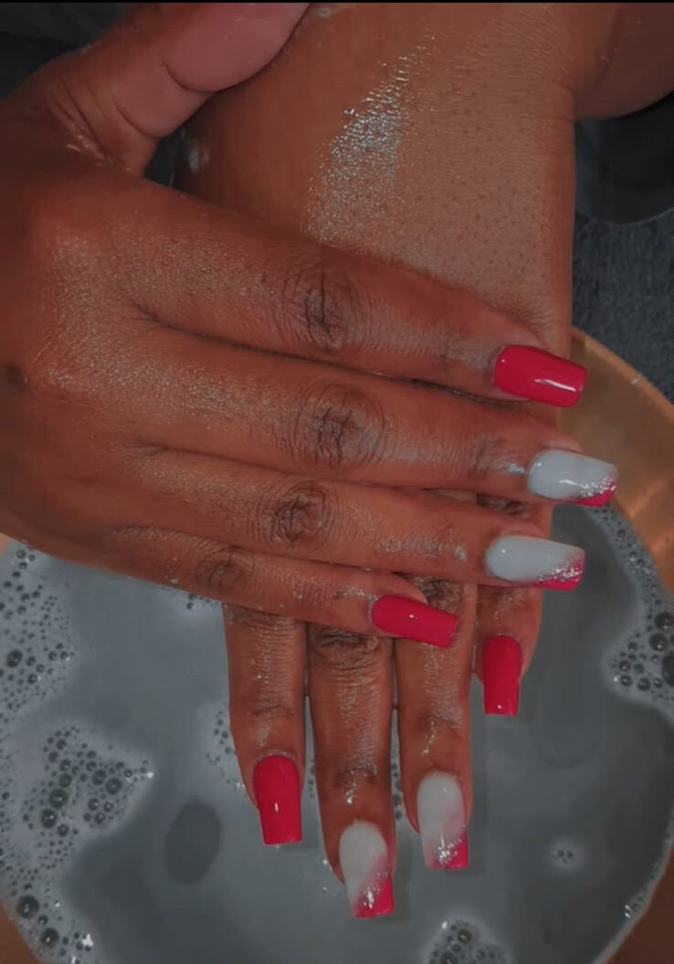 Poly Gel nails — red and white ombre square set