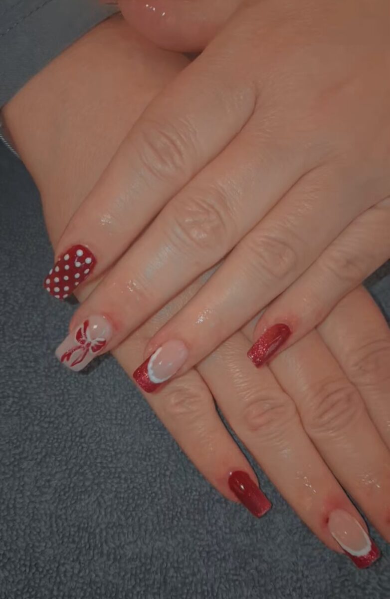 Poly Gel nails — red polka dot and bow nail art