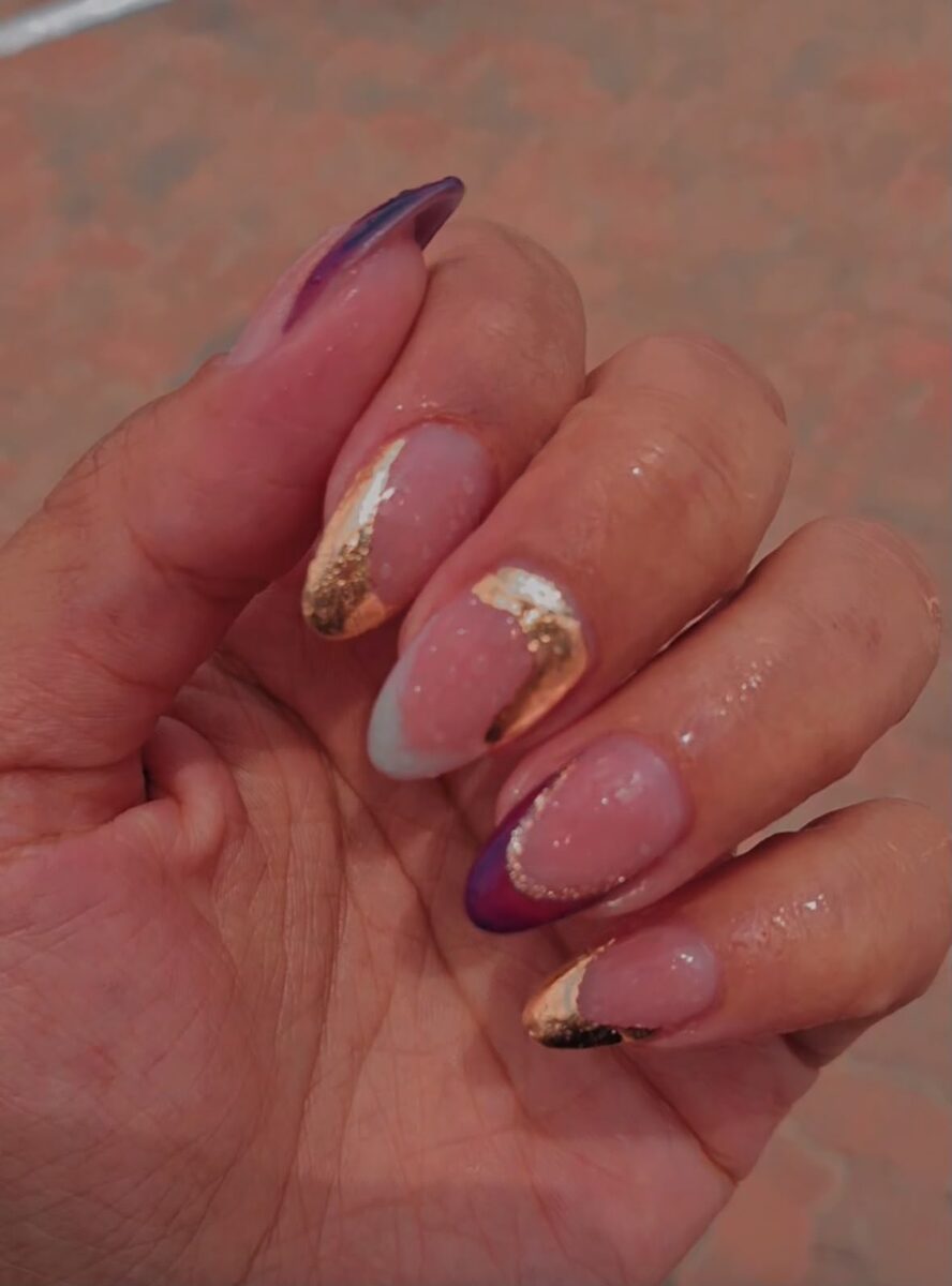 Rubber base manicure — pink abstract line art